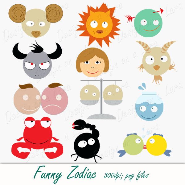 600x600 Funny Zodiac Digital Clip Art Set, Instant Downloadable, Digital