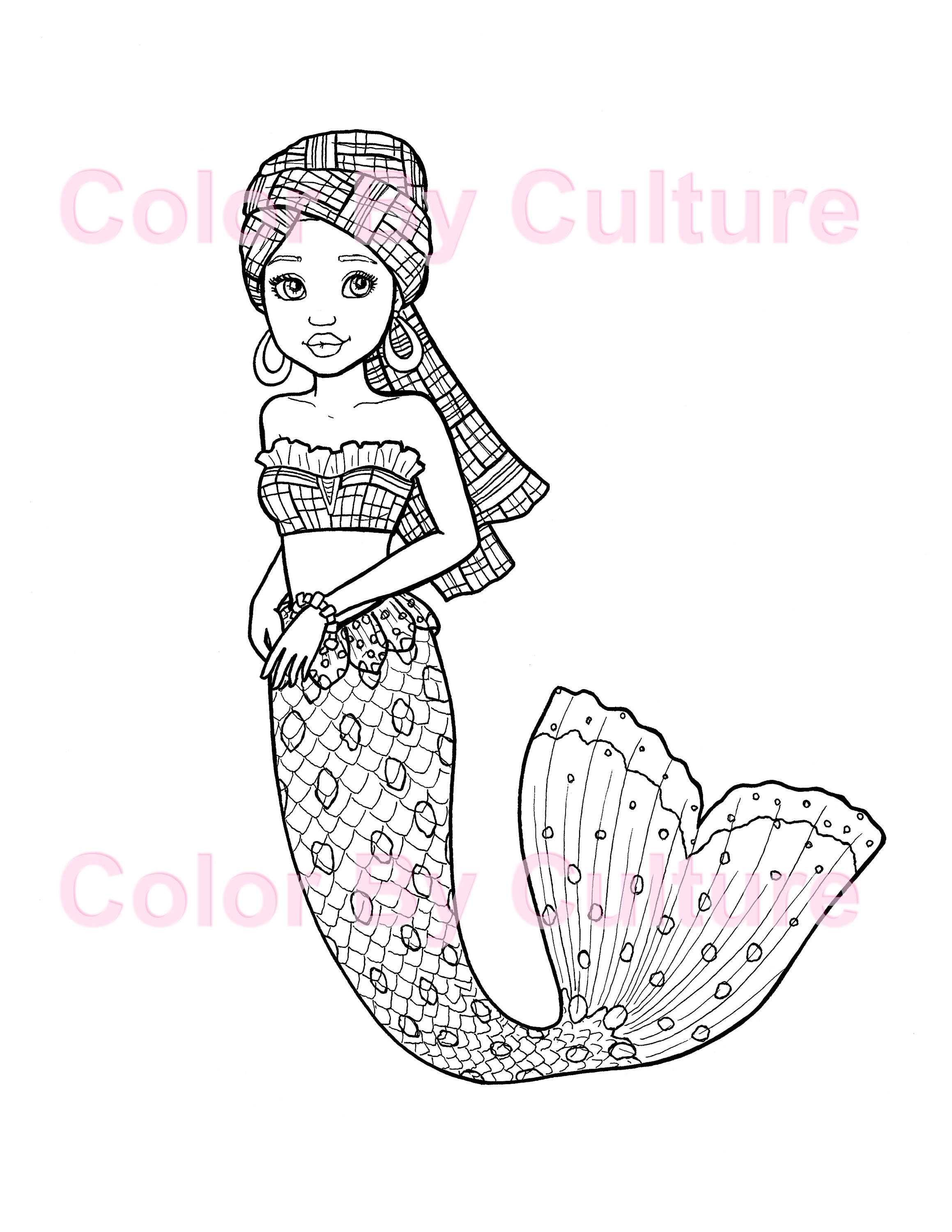 2318x3000 Cute African Mermaid Fantasy Coloring Page Adult Coloring