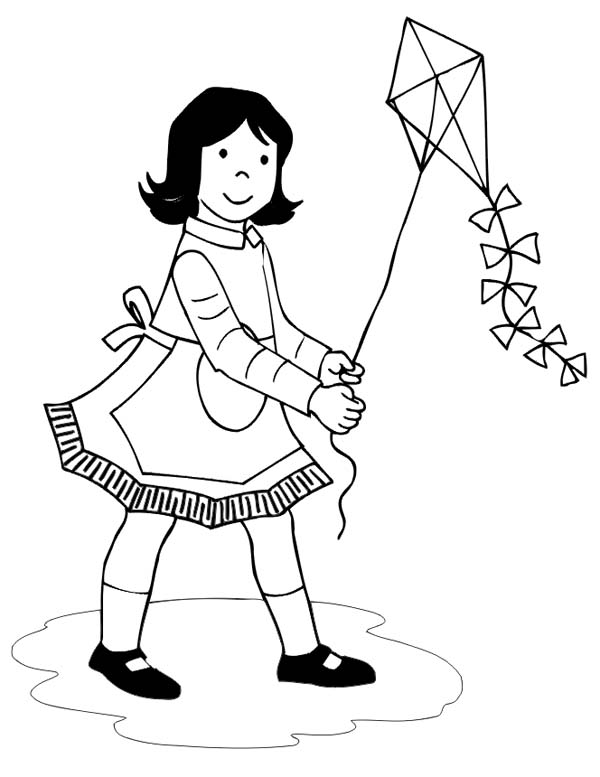 600x777 Girl Flying Kite Coloring Page