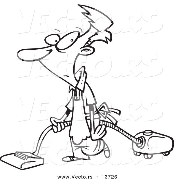600x620 Vector Of A Cartoon Whipped Man Vacuuming And Wearing An Apron