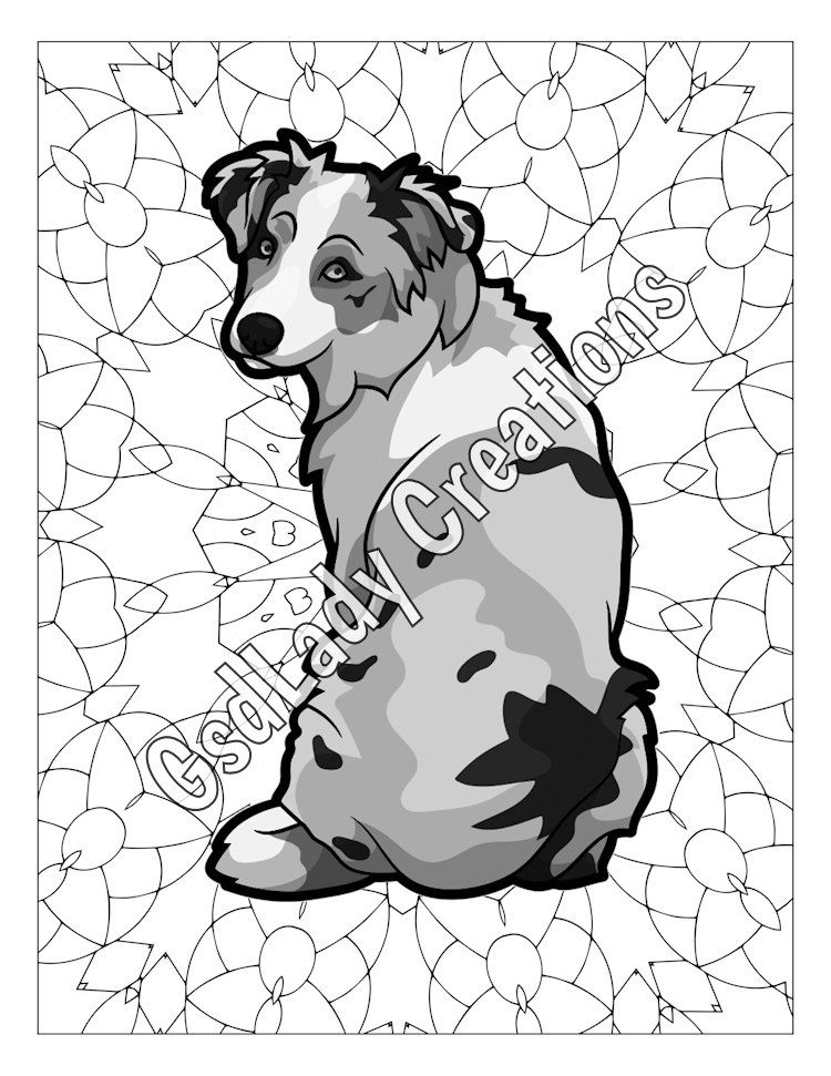 750x971 Dog Art, Greyscale Coloring Page, Australian Shepherd, Dog