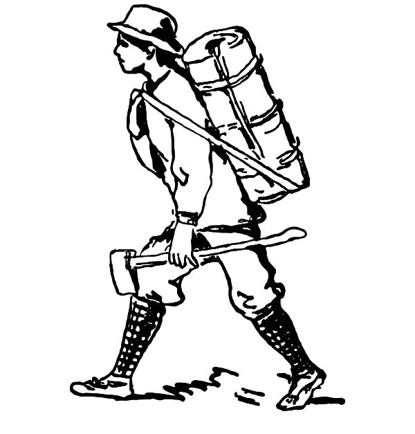600x627 Marching To Camping With Backpack And Axe Coloring Pages