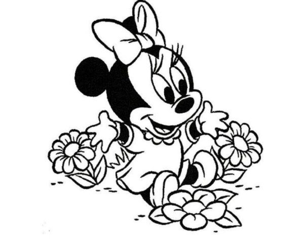 600x474 Baby Minnie Playing With Flower Disney Coloring Pages