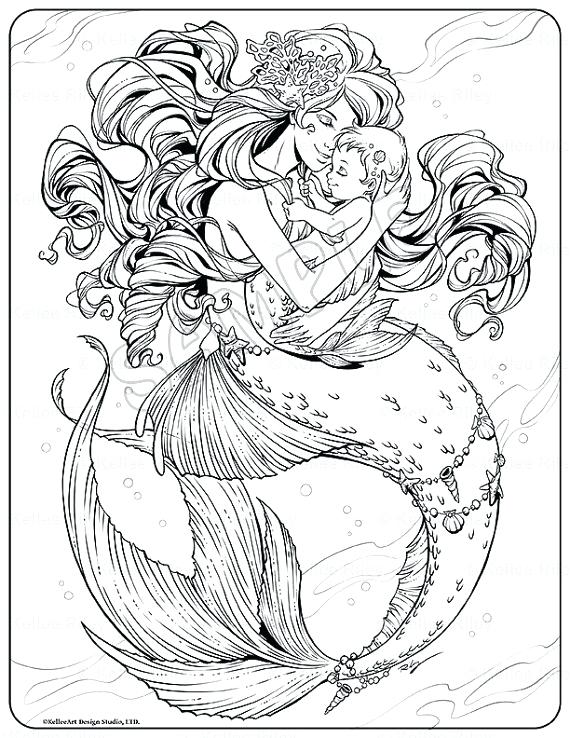 570x738 Baby Mermaid Coloring Pages Mother And Baby Mermaid Adult Coloring