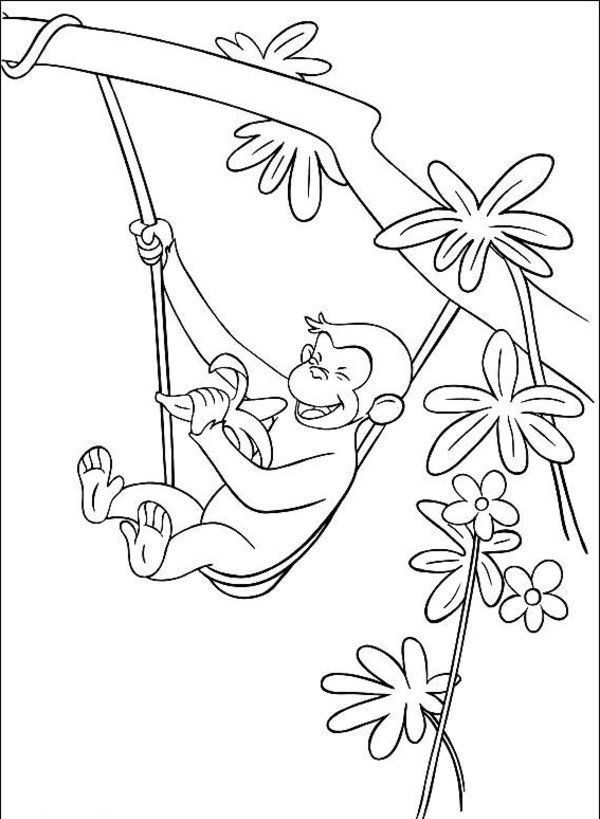 600x819 George The Monkey Eating A Banana In The Tree Coloring Pages