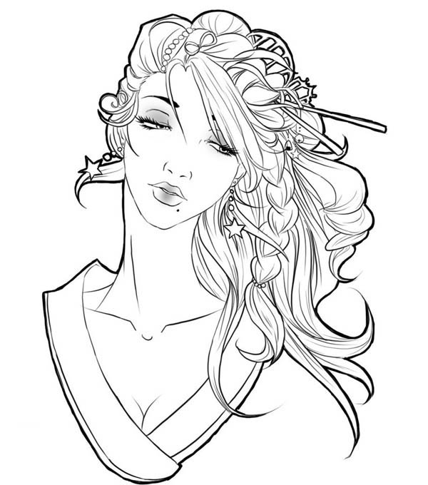 600x680 Beautiful Geisha Coloring Page