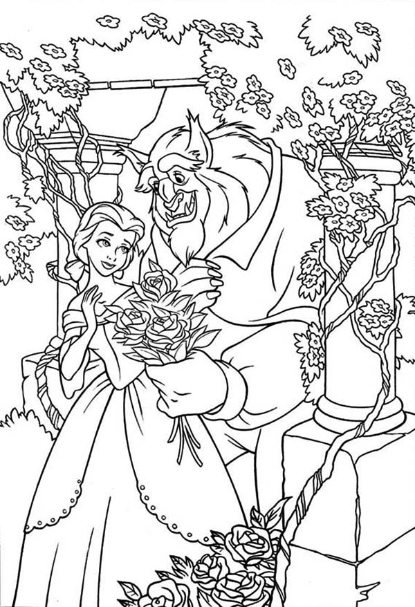 600x878 Belle And The Beast In The Rose Garden Coloring Page