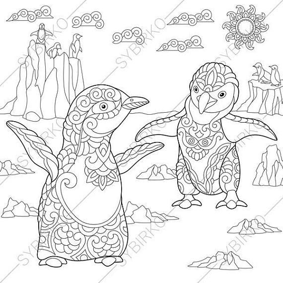 570x570 Adult Coloring Pages Emperor Penguins Zentangle Doodle Bilder