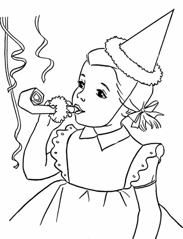 600x785 Happy Birthday Girl Blowing A Horn Coloring Page Color Luna