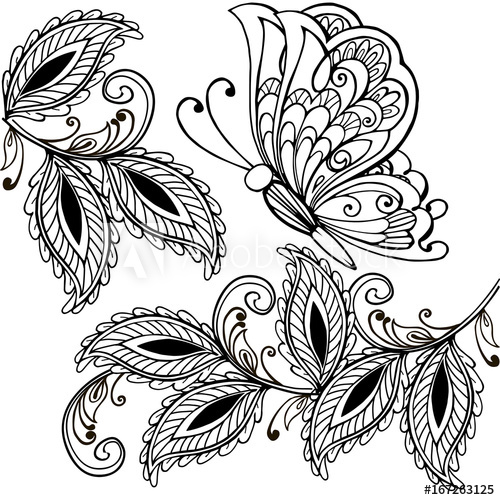 500x500 Hand Drawn Butterfly And Decorative Leaves Adult Anti Stress