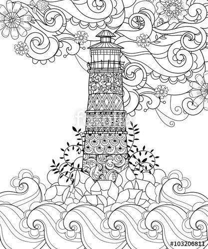 417x500 Hand Drawn Doodle Outline Lighthouse Decorated With Floral