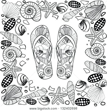 450x470 Flip Flop Coloring Page Hand Drawn Seashell Border Frame With Flip
