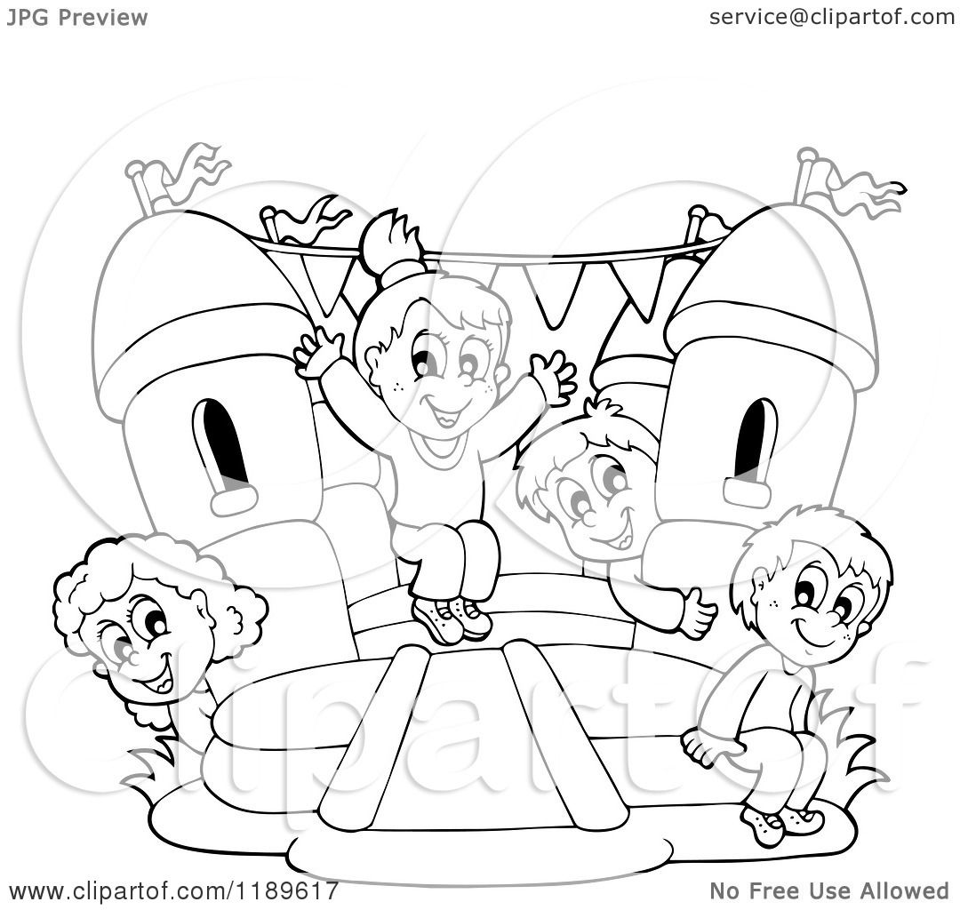 1080x1024 Cartoon Of Outlined Happy Children Playing On A Bouncy House
