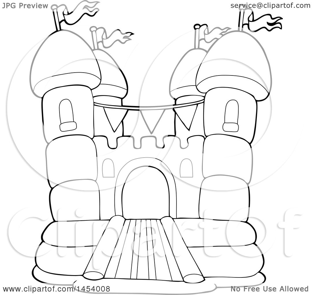 1080x1024 Clipart Of A Black And White Lineart Bouncy House Castle