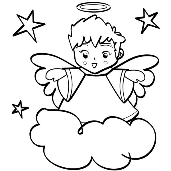 600x600 Angels, Cute Angels Boy Wiht Halo Coloring Page Lineart