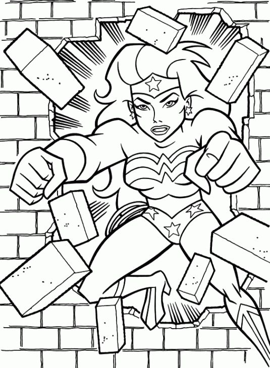 535x730 Wonder Woman Breaks Through A Brick Wall Coloring Page