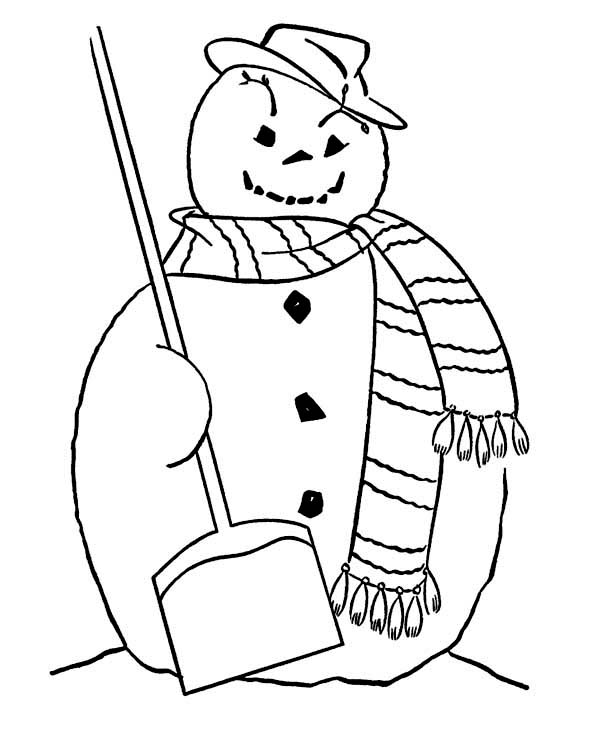 600x734 Fat Snowman With Broom And Long Scarf On Winter Coloring Page