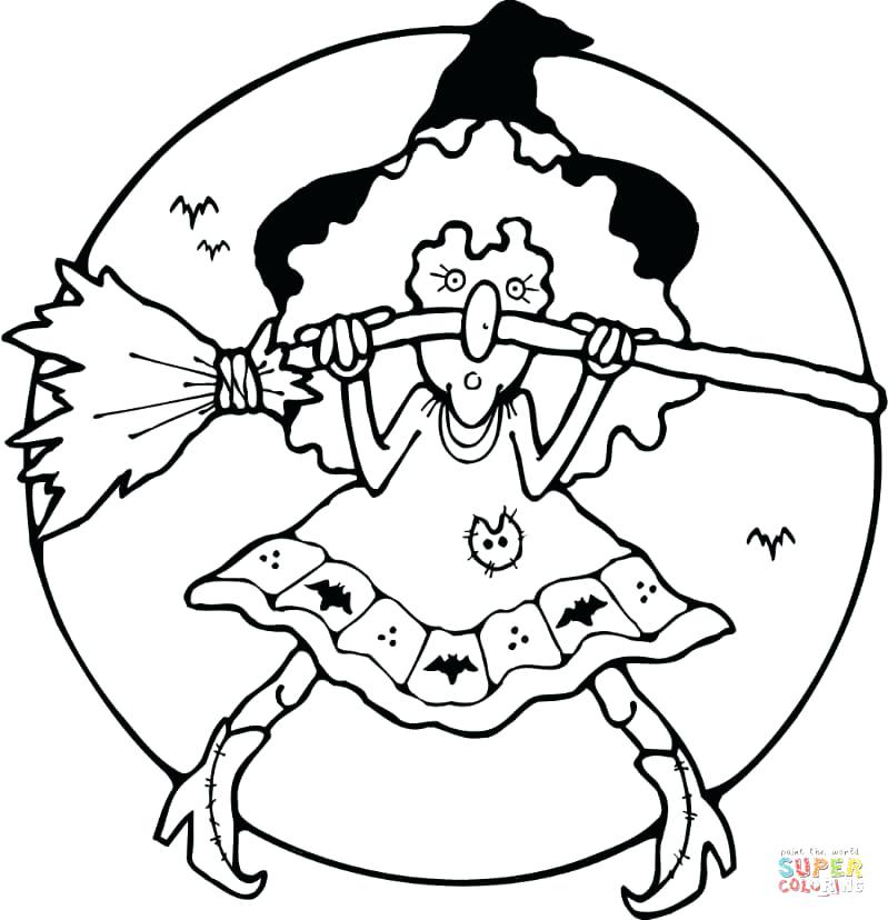 799x828 Scary Witch Coloring Page With Her Broom Pages Free Witches Hat