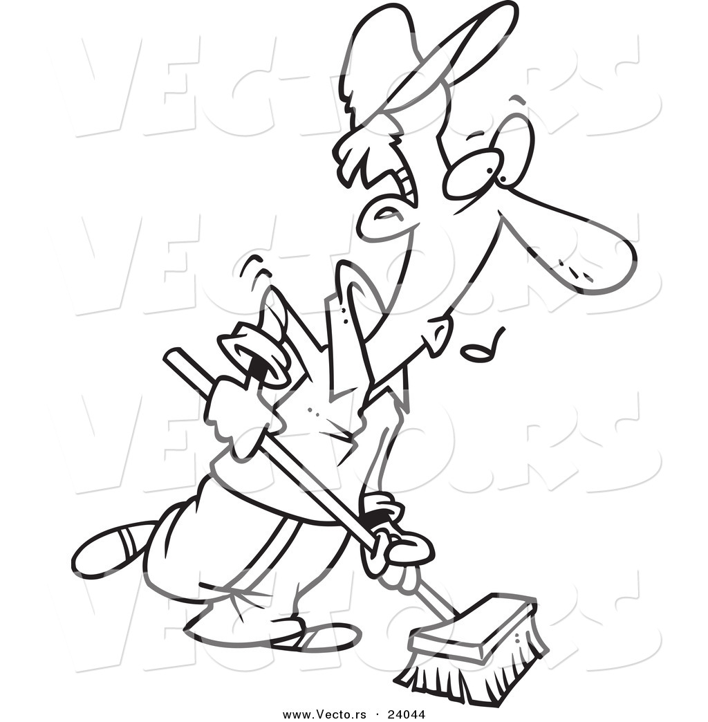 1024x1044 Vector Of A Cartoon Janitor Using A Push Broom