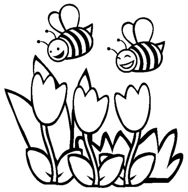 600x612 Two Happy Bumblebee Flying Over The Flowers Coloring Page