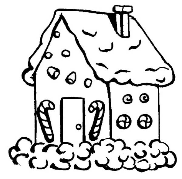 600x588 Gingerbread House With Candy Cane In Front Coloring Page