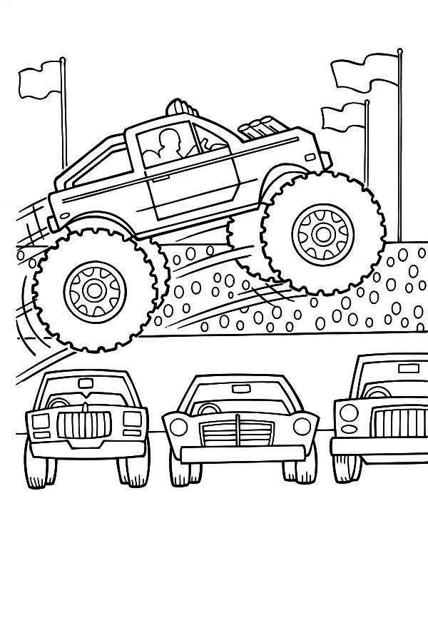 600x866 Monster Truck, Monster Truck Jumps Over Cars Coloring Page