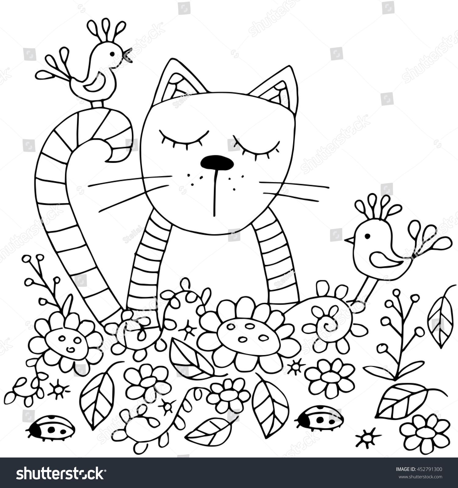 1500x1600 Inspiring Coloring Pages Adults Cat Birds Stock Vector Image