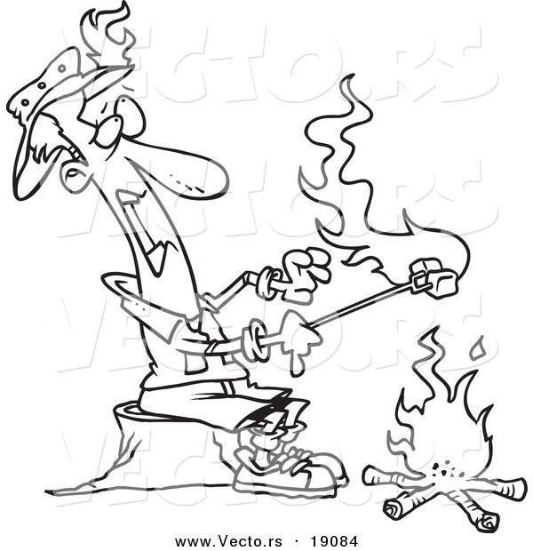 600x620 Vector Of A Cartoon Man Roasting Marshmallows And Catching His Hat