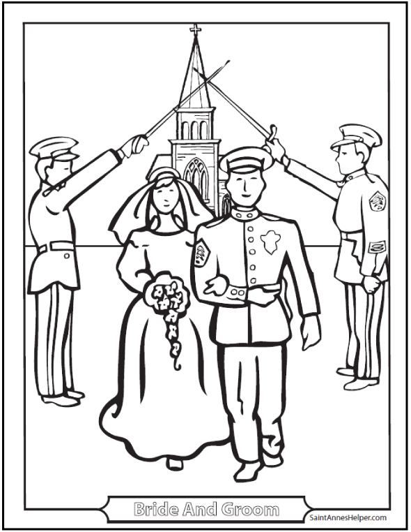590x762 Marriage Coloring Page Couple, Military Salute, Church