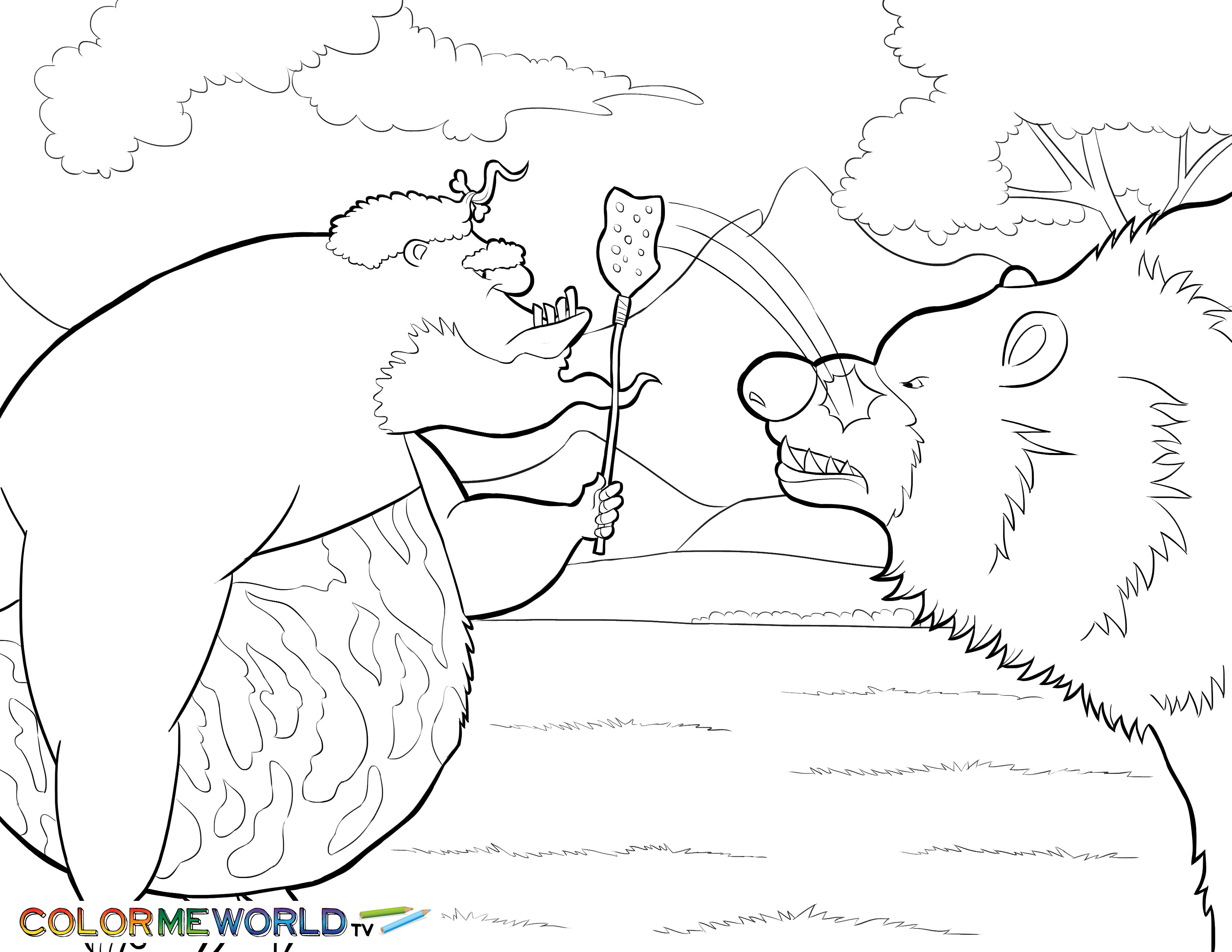 3300x2550 Caveman With Bear Pdf Printable Coloring Page