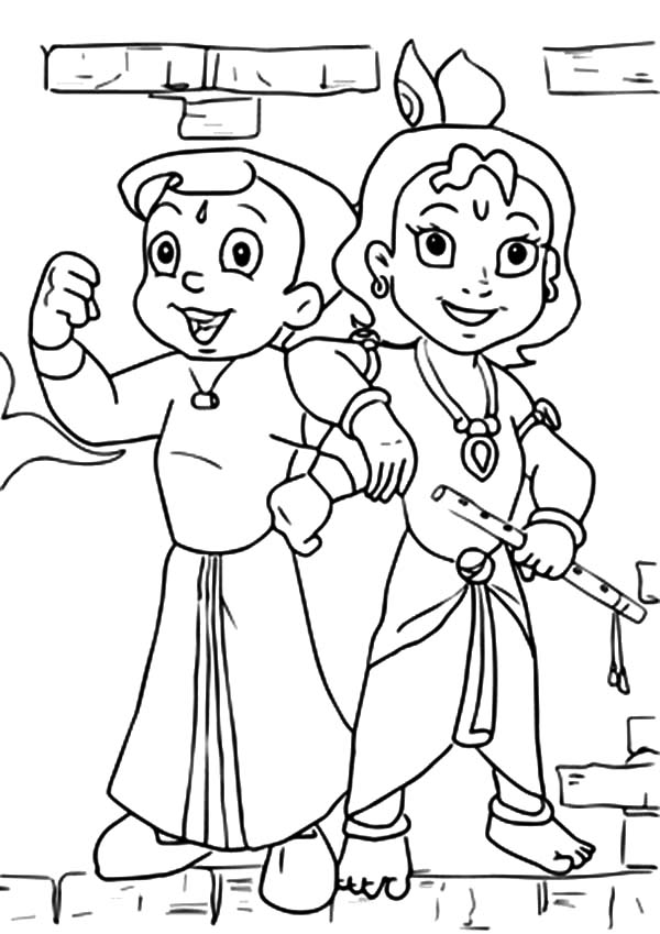 600x849 Chota Bheem Posing With Krishna Coloring Pages