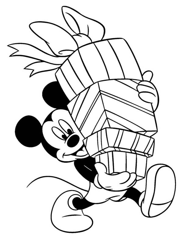600x785 Mickey Holding A Bunch Of Christmas Gifts Coloring Page