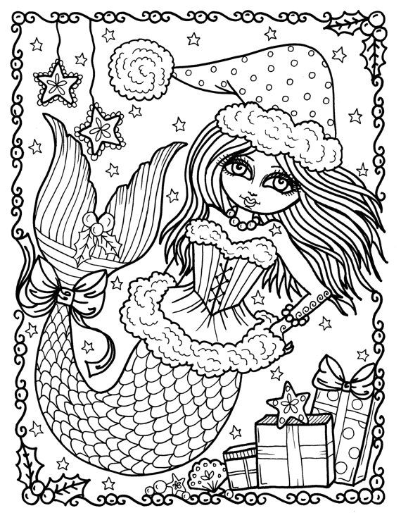 570x738 Christmas Mermaid Instant Download Coloring Page Book Digi Art