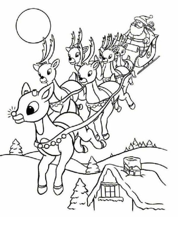 600x776 Rudolph And Santa Leigh Reindeers Coloring Page Holiday