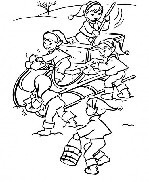518x632 The Christmas Elves Cleaning The Santa Claus' Sleigh Coloring