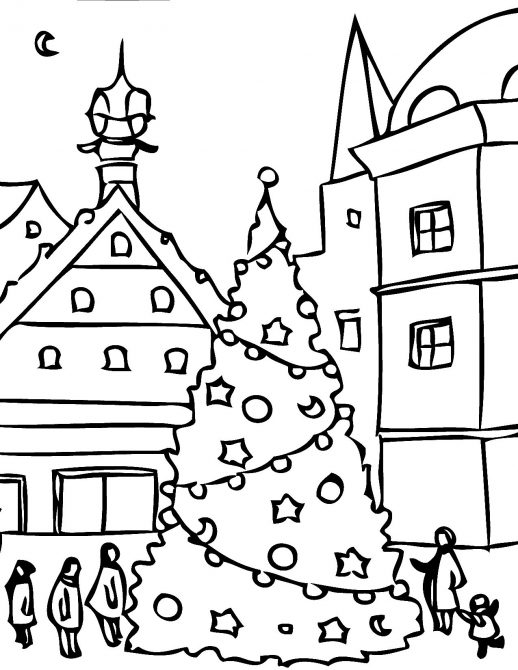 518x670 A Big Christmas Tree In The Middle Of A Town Coloring Pages