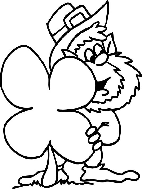 600x796 Funny Leprechaun Hidding Behind Giant Four Leaf Clover Coloring