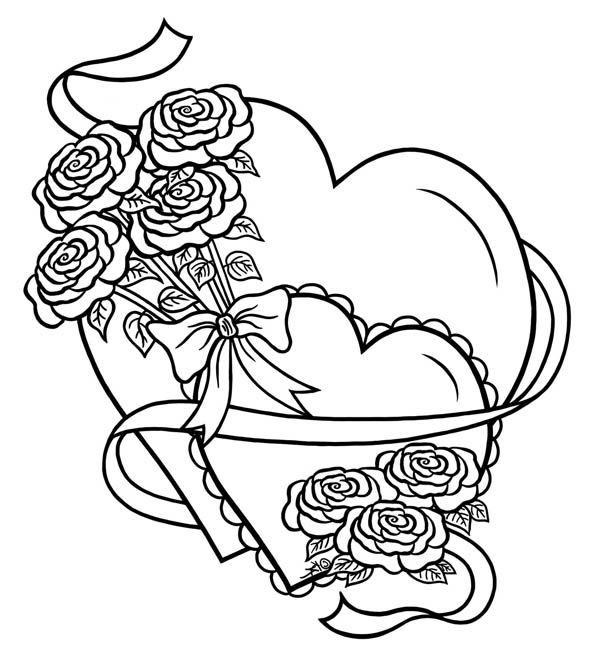 600x663 Hearts Roses, Hearts And Roses Tied With Ribbon Coloring Page