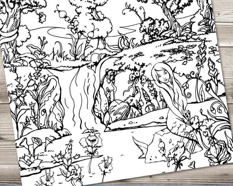 770x616 Forest Waterfall Coloring Page