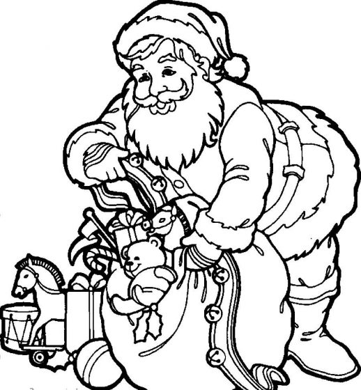 518x560 Santa Claus Puts Lots Of Gifts Into A Big Red Bag Coloring Pages