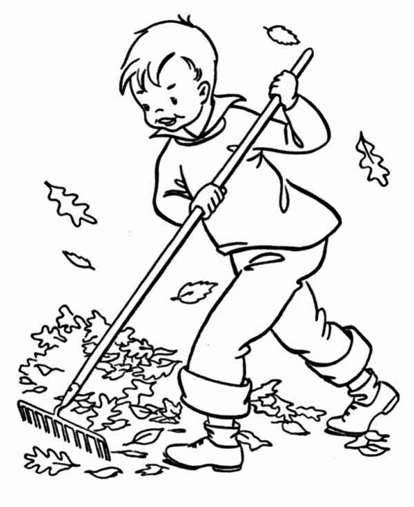 600x735 A Boy Clean Up Autumn Leaf Coloring Page