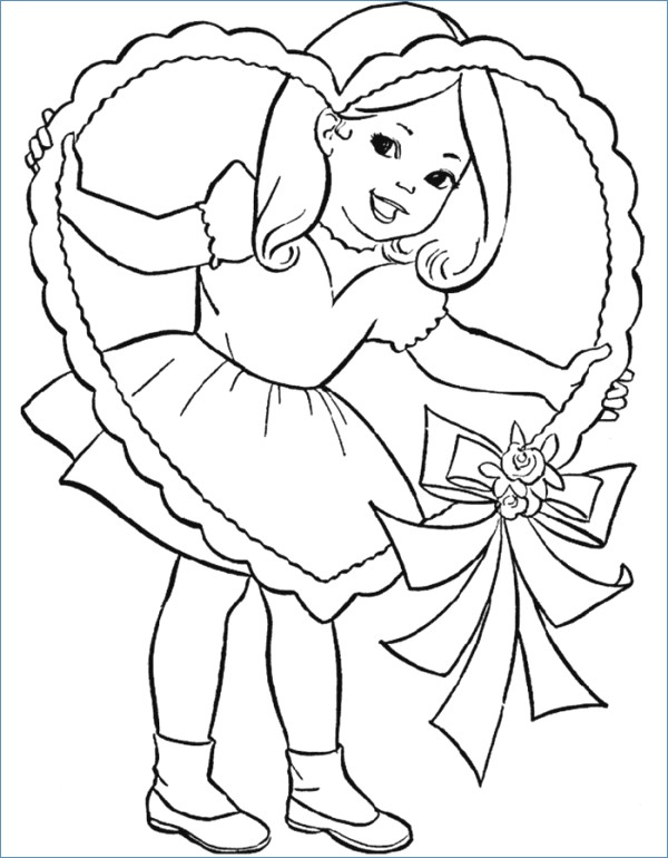 600x770 Cute Little Girl And Valentine Heart Coloring Page