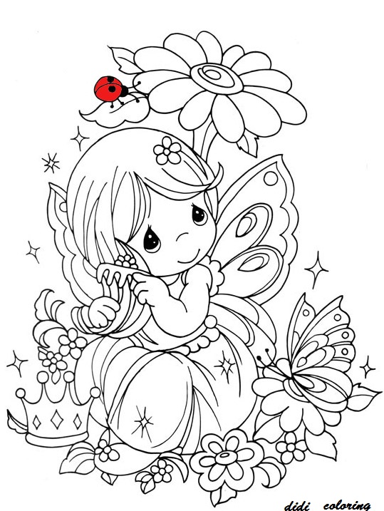539x717 Printable Fairy Sitting And Thinking Near Flowers Butterfly