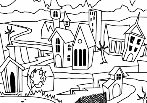 497x348 Halloween Coloring Page Haunted Town Coloring Pages