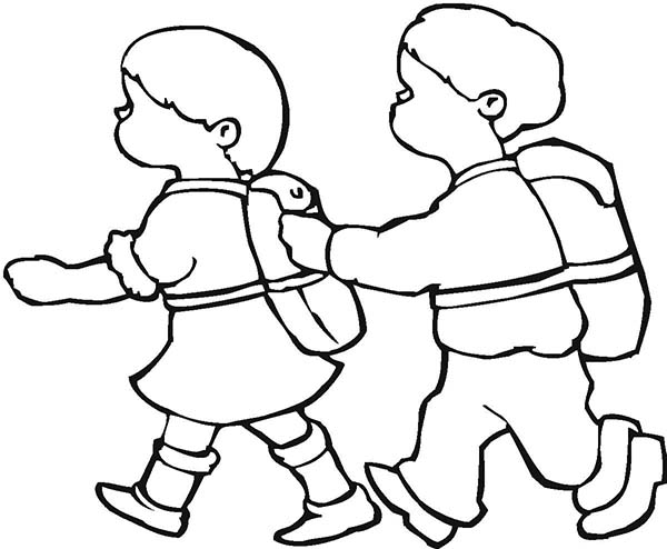 600x494 Two Kids Walking Together On First Day Of School Coloring Page