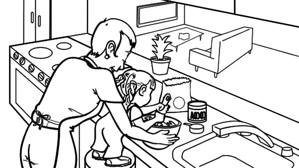 600x337 Teaching Daughter Cooking In The Kitchen Coloring Pages