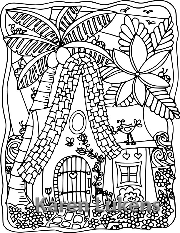 612x792 Happy Island Cottage, Adult Coloring Book Page, Printable