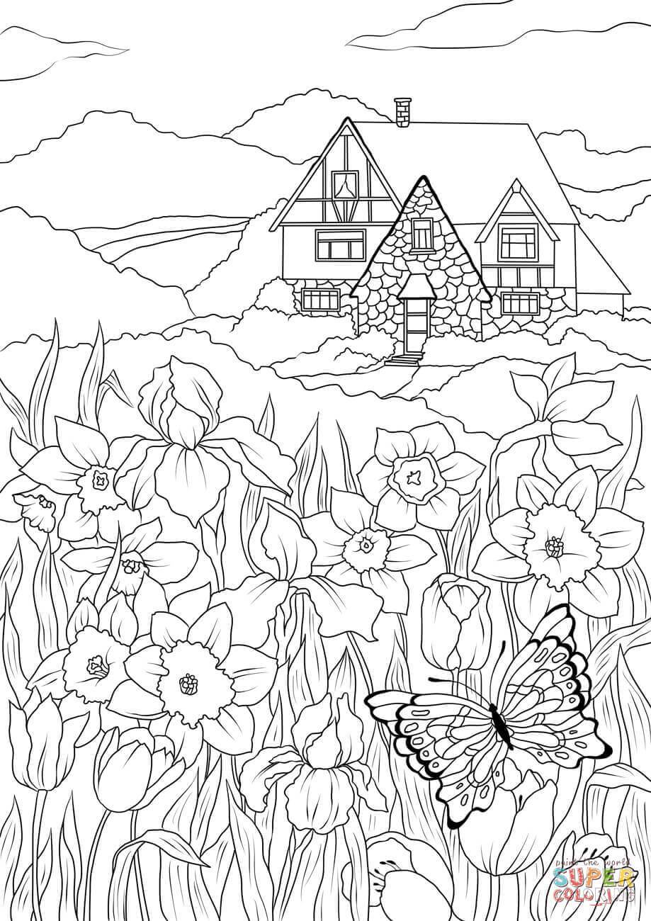 919x1300 Appealing Spring Flowers Butterfly And Country House Coloring Page