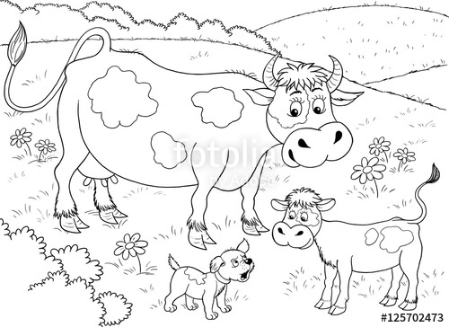 500x364 At The Farm Cute Mother Cow, Her Calf And A Puppy Illustration