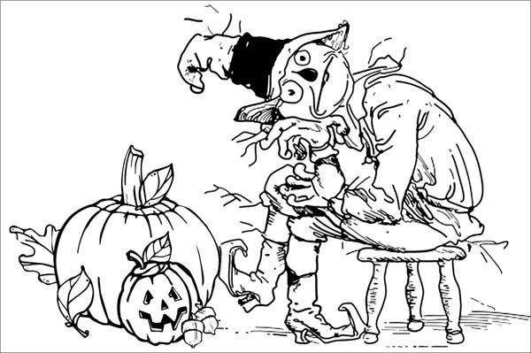 600x399 Creepy Scarecrow And Pumpkins Coloring Page